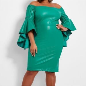 ASHLEY STEWART Off Shoulder Dress Faux Leather Bell Sleeve BodyCon, NWT! 18/20